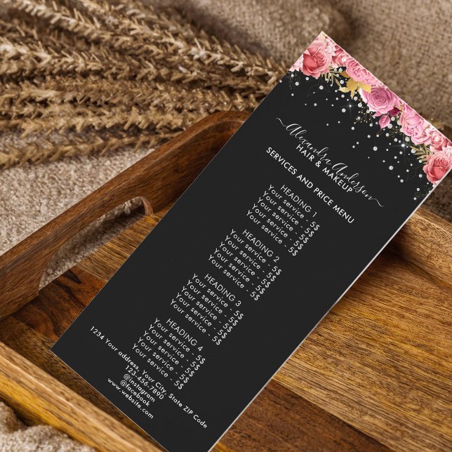 Moderne schwarzpinke Blumenzähne Glitzer Preis Werbekarte (Modern Black Pink Floral Diamonds Glitter Price Rack Card)