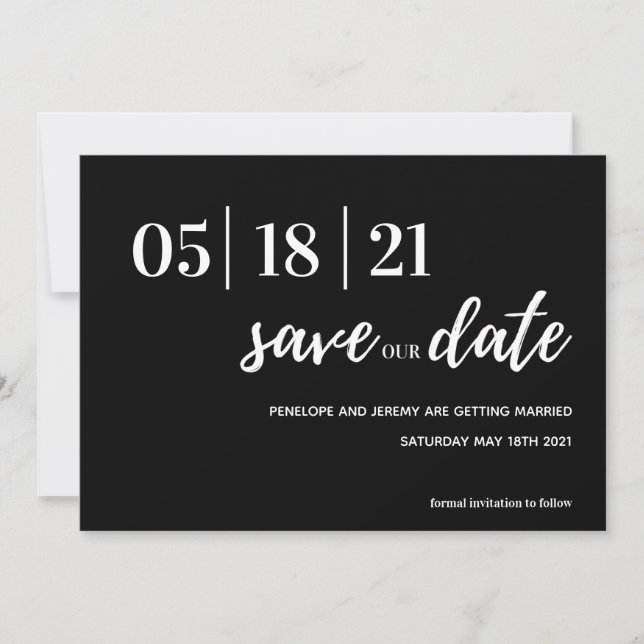 Moderne Schwarzweiß-Schrift Save the Date (Vorderseite)