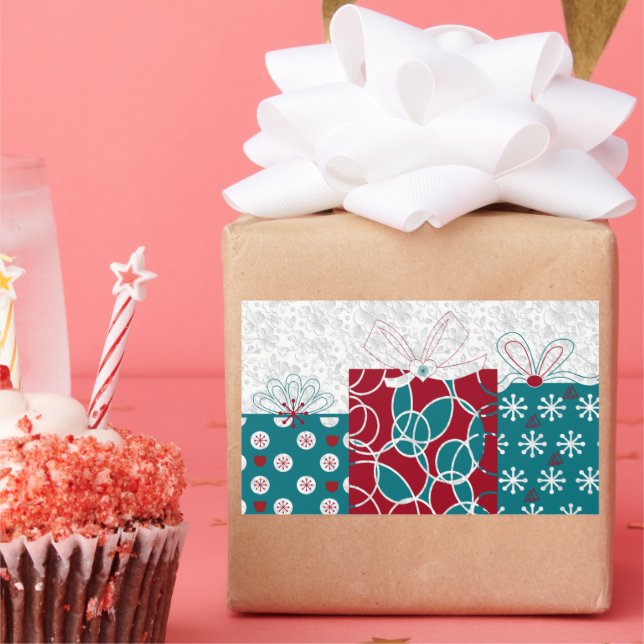 Moderne schwedische Red Blue Holiday Wrapped Gesch Rechteckiger Aufkleber (Party)