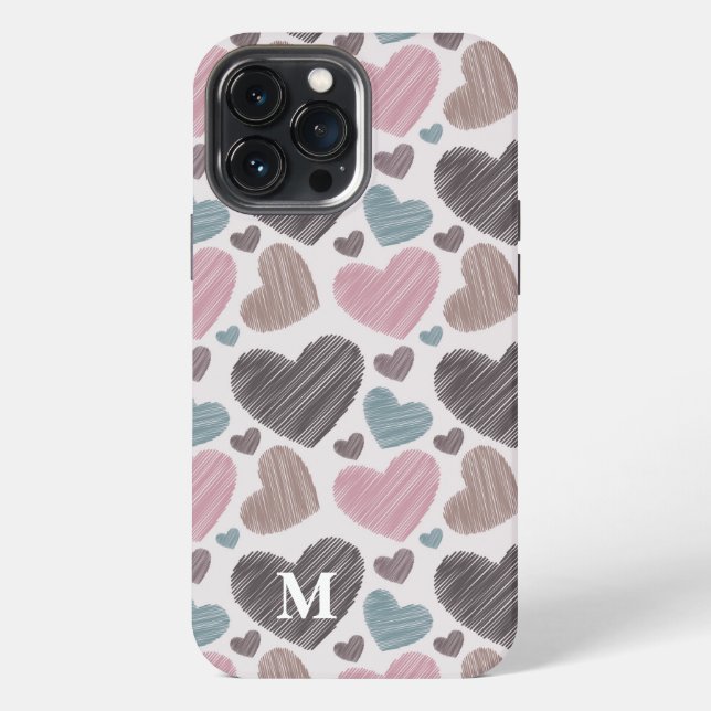 Moderne Scribble Hearts Monogram Custom iPhone Hülle (Rückseite)
