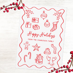 Moderne Scribble Illustration Doodle Red and White Feiertagskarte