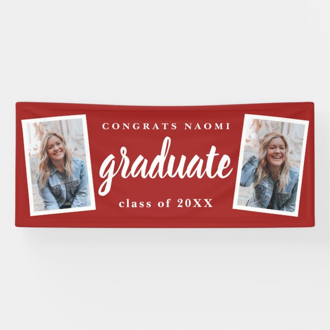 Moderne Script 2 Foto Graduation Party Banner (Horizontal)