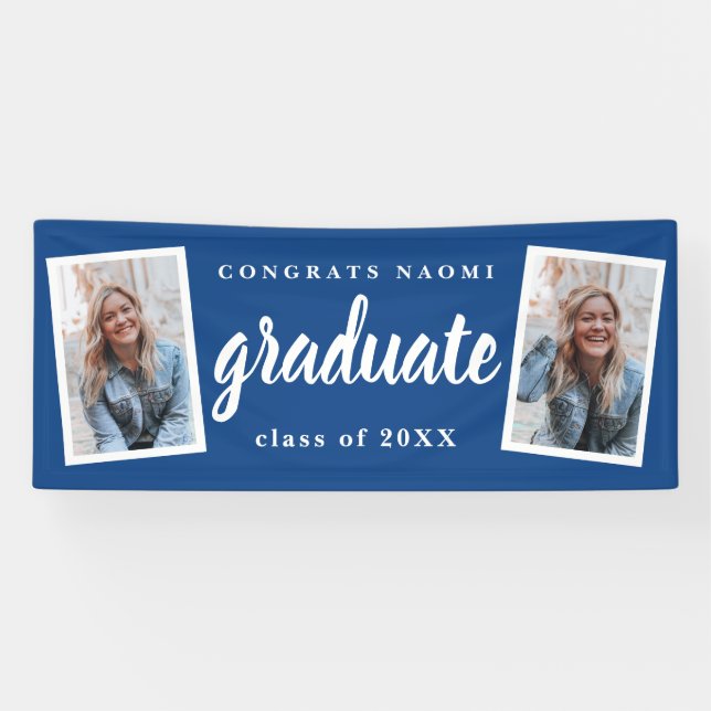 Moderne Script 2 Foto Graduation Party Banner (Horizontal)