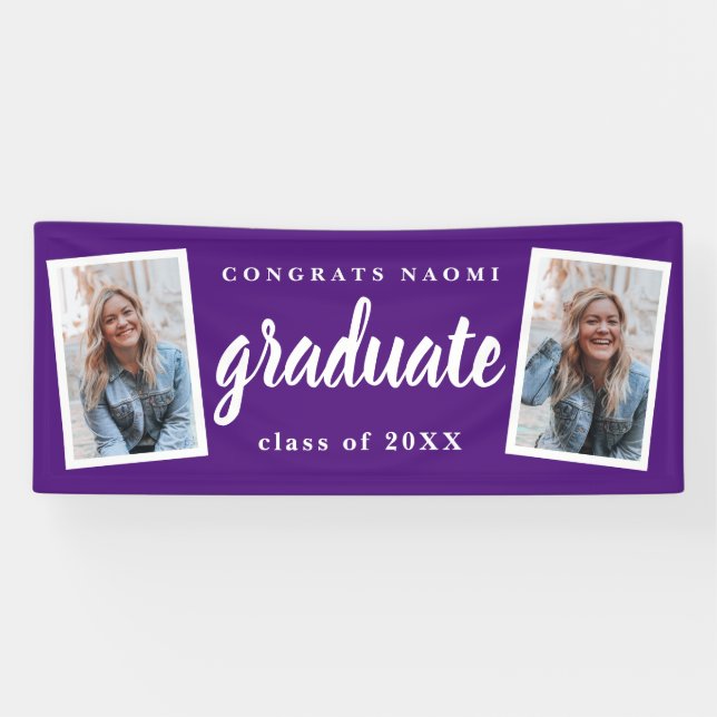 Moderne Script 2 Foto Graduation Party Banner (Horizontal)