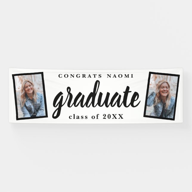 Moderne Script 2 Foto Graduation Party Banner (Horizontal)