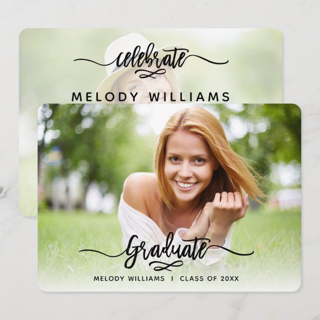 Moderne Script-2-Foto-Graduierungspartei mit Pinse Einladung (Vorne/Hinten)