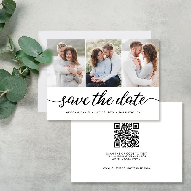 Moderne Script 3 Fotos QR CODE Hochzeitsseite Save The Date (Von Creator hochgeladen)