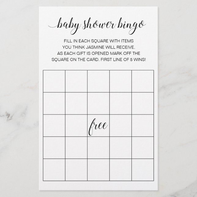 Moderne Script Baby Shooter Bingo Game Card Flyer (Vorne)