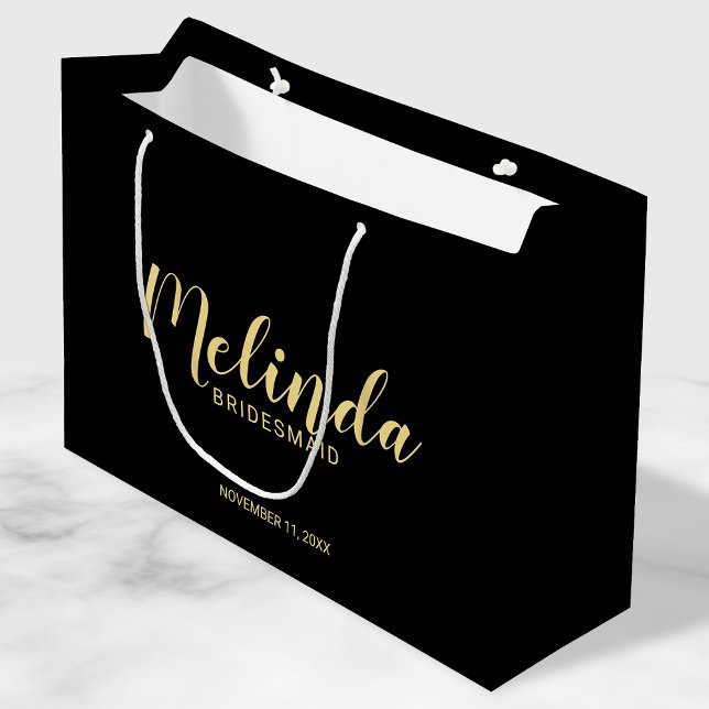 Moderne Script Black&Gold Personalisierte Bridesma Große Geschenktüte (Von Creator hochgeladen)