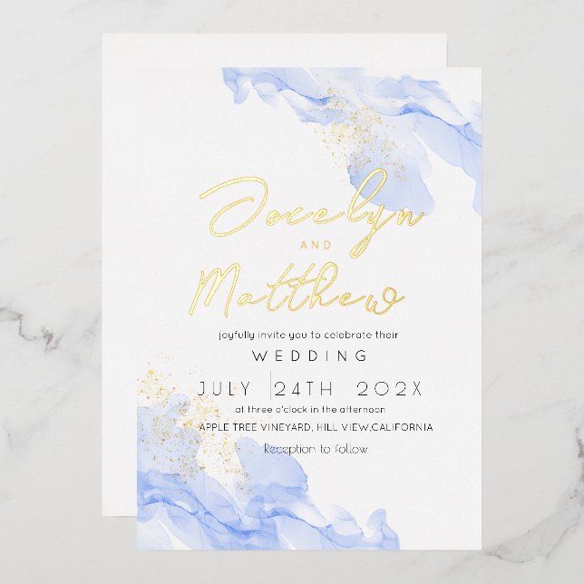 Moderne Script blu Marble Watercolor Wedding Folieneinladung (Vorderseite/Rückseite)