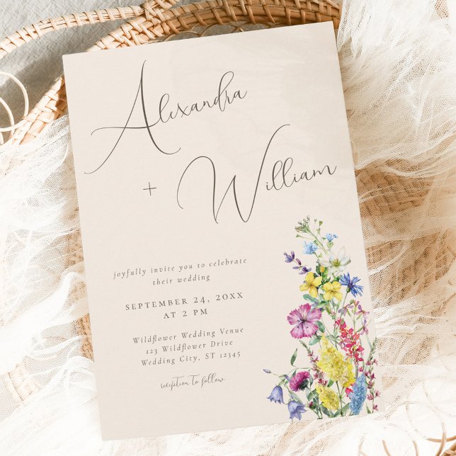 Moderne Script Boho Wildblume Wedding Einladung (Von Creator hochgeladen)