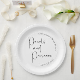 Moderne Script Brautparty Perlen und Prosecco Pappteller