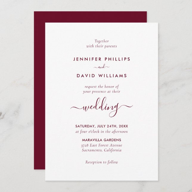 Moderne Script Burgundy Hochzeitseinladung Einladung (Vorne/Hinten)