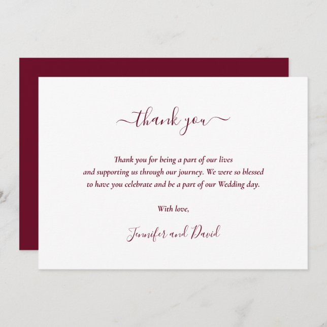 Moderne Script Burgundy Wedding Dankeskarte (Vorne/Hinten)
