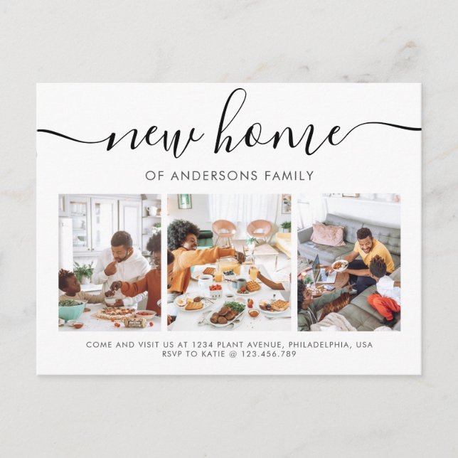 Moderne Script Calligraphy 3 Foto Neue Zuhause Mov Ankündigungspostkarte (Vorderseite)