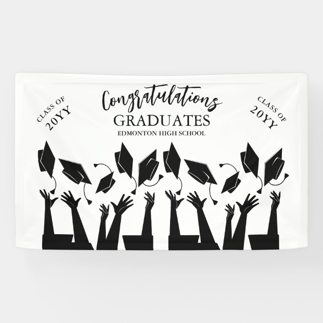 Moderne Script Cap Toss White Graduation Party Banner (Horizontal)