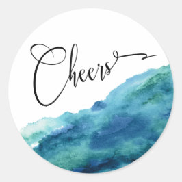Moderne Script Cheers, Blue Green Aqua Watercolor Runder Aufkleber