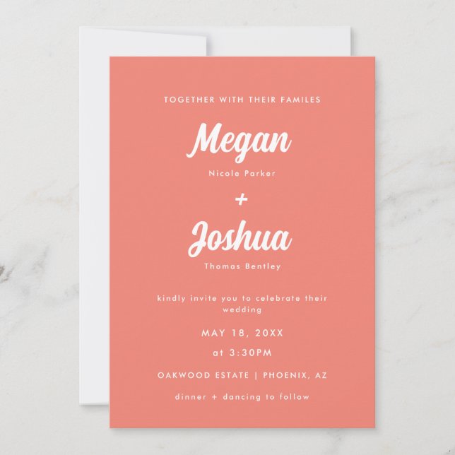 Moderne Script Coral Pink All-in-One Hochzeit Einladung (Vorderseite)