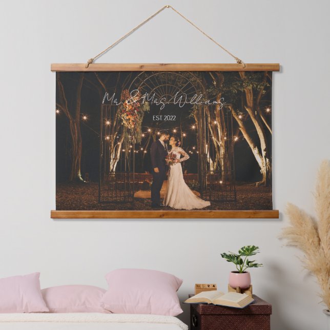 Moderne Script Custom Wedding Foto Wall Wandteppich Mit Holzrahmen (Schlafzimmer)