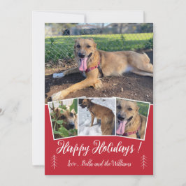 Moderne Script Dog Foto Collage Red Holiday Card Feiertagskarte