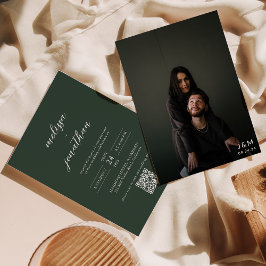 Moderne Script Dunkelgrüne Monogram QR Code Hochze Einladung