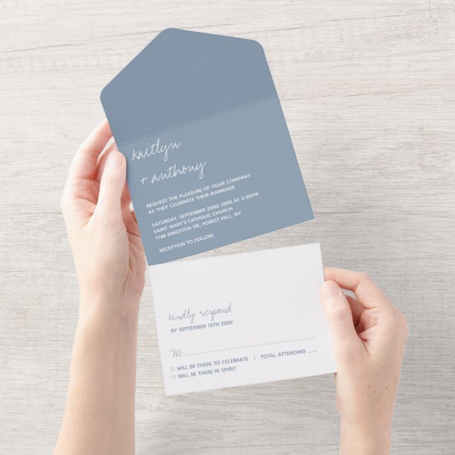 Moderne Script Dusty Blue Minimalistic Wedding All In One Einladung (Abreißen)