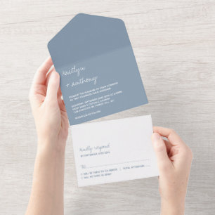 Moderne Script Dusty Blue Minimalistic Wedding All In One Einladung