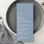 Moderne Script Dusty Blue Minimalistic Wedding Menükarte<br><div class="desc">Feiern Sie stilvoll mit diesen modernen und sehr trendigen Hochzeitsmenükarten. Dieses Design lässt sich leicht mit Ihrer speziellen Veranstaltungssprache personalisieren und Ihre Gäste werden begeistert sein,  wenn sie diese fantastischen Menüs sehen. Matching-Elemente finden Sie in der Auflistung.</div>