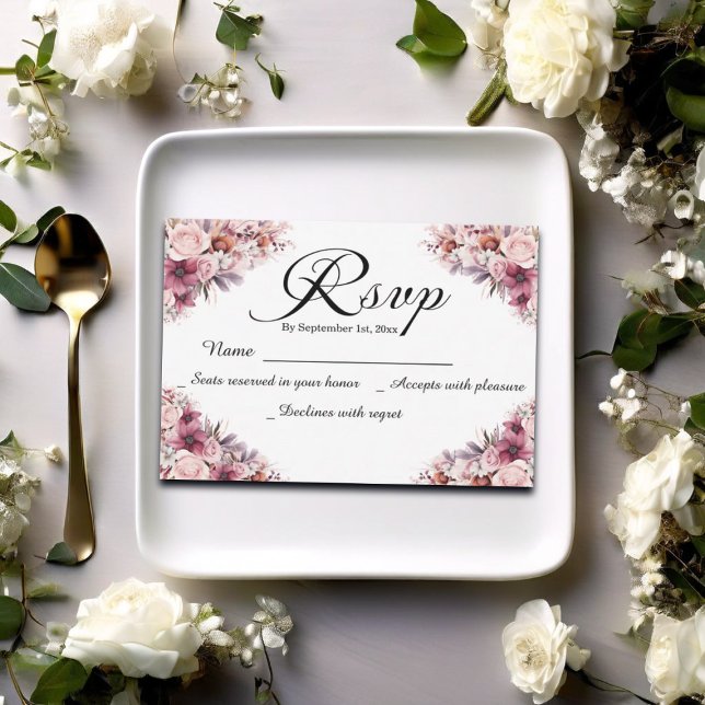 Moderne Script Dusty Pink Floral Wedding RSVP Card Karte (Von Creator hochgeladen)