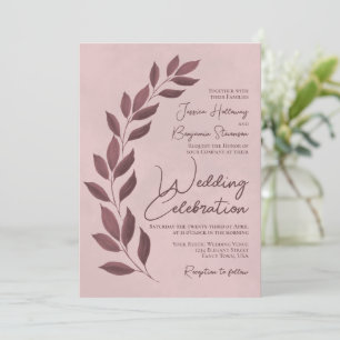 Moderne Script Dusty Rose & Mauve Blätter Hochzeit Einladung