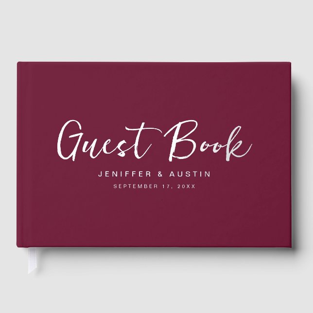 Moderne Script Elegant Burgundy Wedding Gästebuch (Vorderseite)