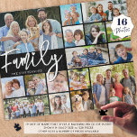 Moderne Script FAMILY 16 Foto Collage Your Color Puzzle<br><div class="desc">Erstellen Sie ein Foto-Memory-Puzzle mit dem Titel FAMILY in einer modernen Skripttypografie und personalisiert mit Ihrem Familiennamen in Ihrer Auswahl von Text- und Hintergrundfarben (in Weiß auf Schwarz). Diese leicht hochzuladende Foto Collage Vorlage hat 16 Bilder in verschiedenen Formen und Größen. HILFE: Für Hilfe bei Designänderungen oder Personalisierungen, Farbänderungen oder...</div>