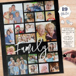 Moderne Script FAMILY 19 FotoCollage Custom Color Puzzle<br><div class="desc">Erstellen Sie Ihr eigenes, modernes Foto-Erinnerungen-Rätsel, indem Sie dieses leicht hochzuladende Foto-Collage-Template mit 19 Bildern in verschiedenen Formen und Größen und Ihrem Namen oder benutzerdefinierten Titel (mit FAMILY gezeigt) in chic handgeschriebener Schrift-Typografie verwenden. ÄNDERUNGEN: Ändern Sie die schwarze Hintergrundfarbe und/oder den Titel und Text Schriftart Stil, Größe, Farbe oder Platzierung...</div>