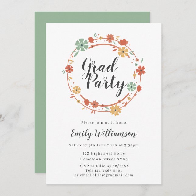Moderne Script-Floral Graduation Party Einladung (Vorne/Hinten)