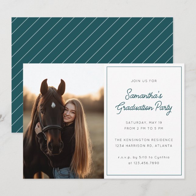 Moderne Script-Foto-Aquamarin-Graduierungspartei Einladung (Vorne/Hinten)