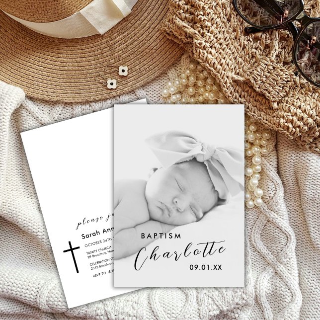 Moderne Script Foto Black Cross Taufe Einladung (Modern Script Photo Black Cross Baptism Invitation)