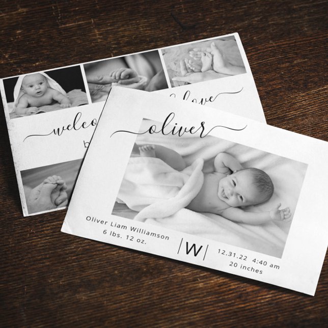 Moderne Script Foto Collage New Baby Birth Ankündigung (Von Creator hochgeladen)