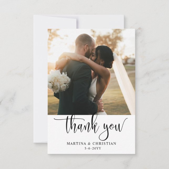 Moderne Script-Foto-Hochzeit Dankeskarte (Vorderseite)