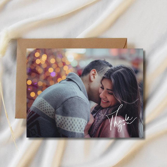 Moderne Script Foto Hochzeit Vielen Dank Postkarte (Modern Script Photo Wedding Thank You Postcard)
