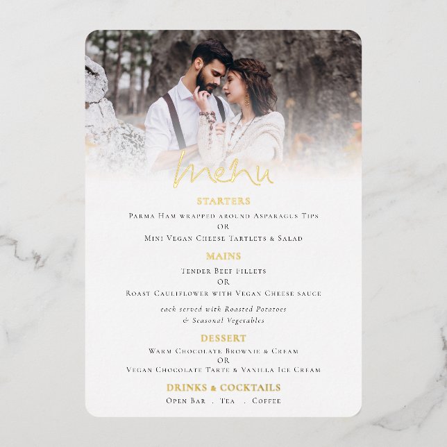 Moderne Script Foto Wedding Real Foil Menu Card Folieneinladung (Vorderseite)
