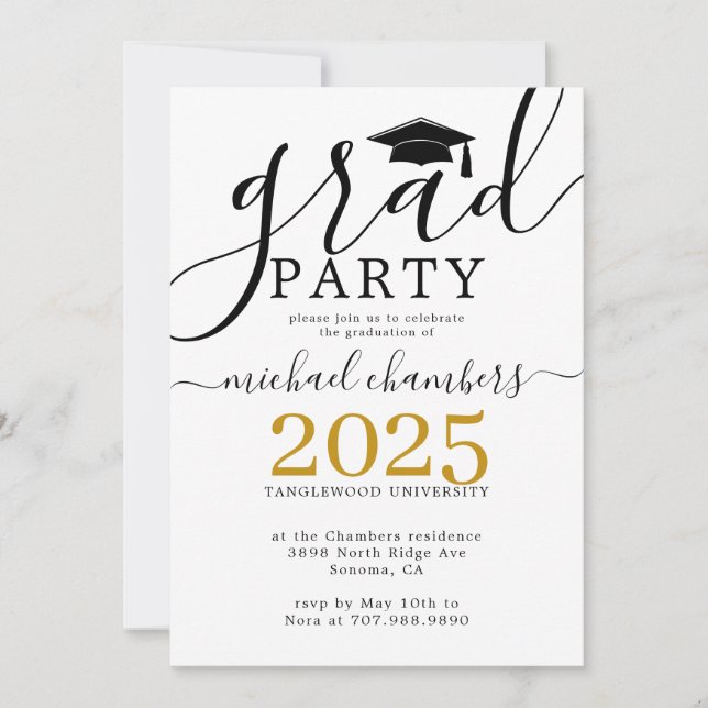 Moderne Script Gold Black Graduation Party Einladung (Vorderseite)