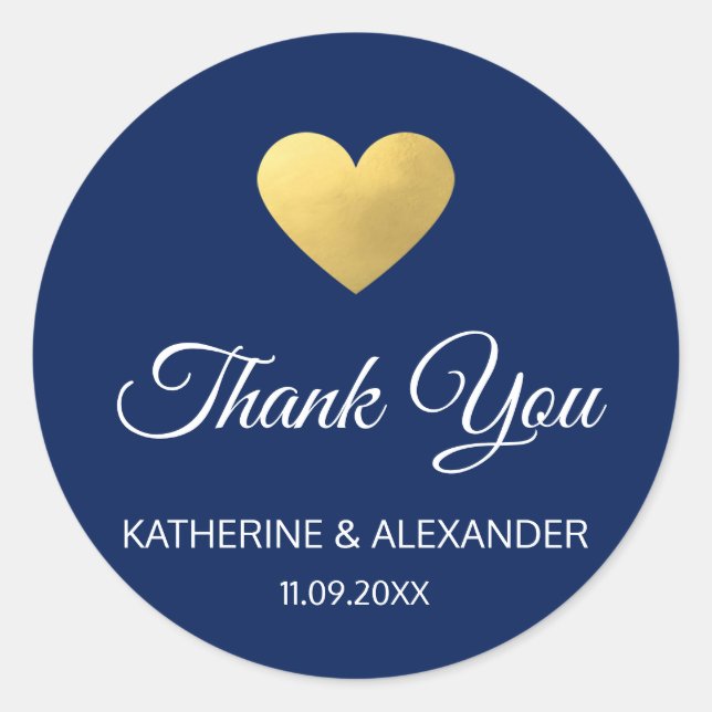 Moderne Script Gold Heart Navy Blue Wedding Siegel Runder Aufkleber (Vorderseite)