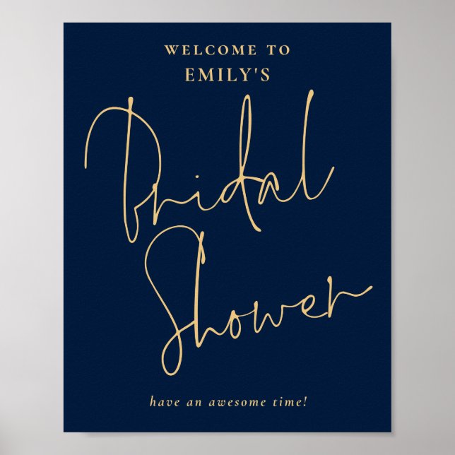 Moderne Script Gold Navy Willkommen in Brautparty Poster (Vorne)