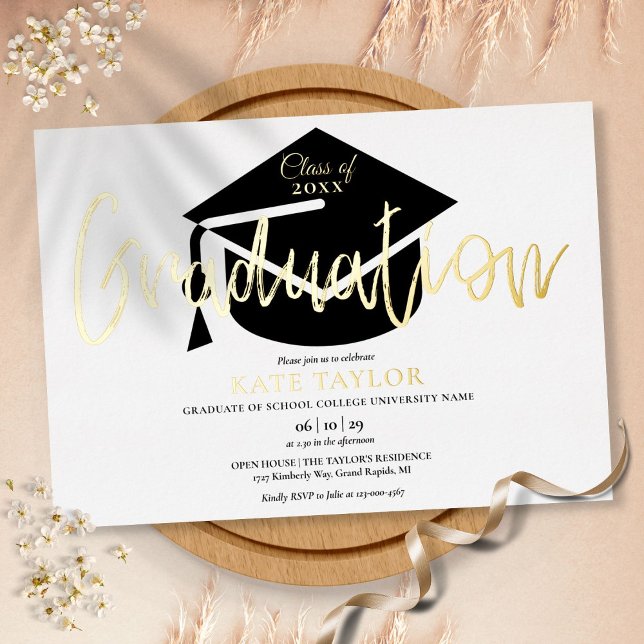 Moderne Script Graduation Party Gold Folieneinladung (Von Creator hochgeladen)
