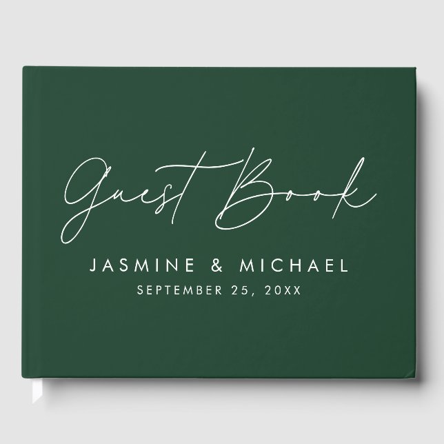 Moderne Script Green Foto Hochzeit Gästebuch (Vorderseite)