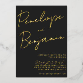 Moderne Script Handwriting Black and Gold Wedding Folieneinladung