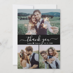 Moderne Script Heart Foto Collage Black Wedding Dankeskarte