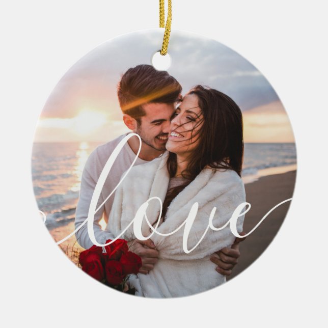 Moderne Script-Liebe Couple Foto Keramik Ornament (Vorne)