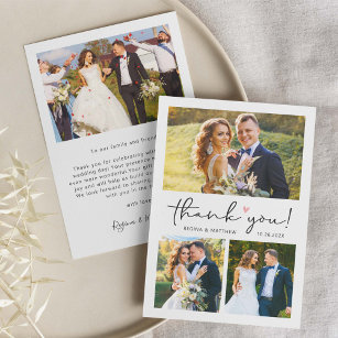 Moderne Script Liebe Heart Wedding Foto Collage Dankeskarte