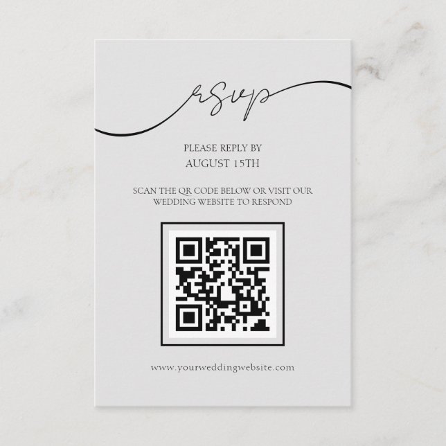 Moderne Script Light Gray QR Code Wedding RSVP Car Begleitkarte (Vorderseite)